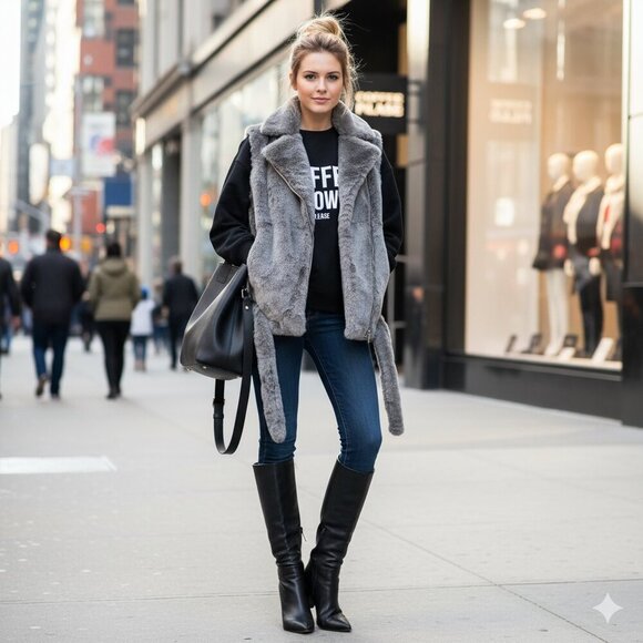 EUC Jakke green grey faux fur biker moto belted vest - Picture 1 of 9